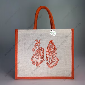 Halfwhite Jute Bag for Marriage Return Gift in Madhubani Theme - with Color Options-Landsape Bag