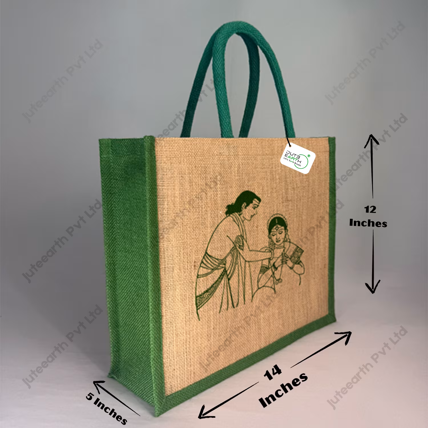 Mangal Suthra Tai Art Marriage Ceremony Natural Custom Printed Jute Bag for Return Gift with Bottle Green Cotton Rope Niwar Handles and Gusset (3)