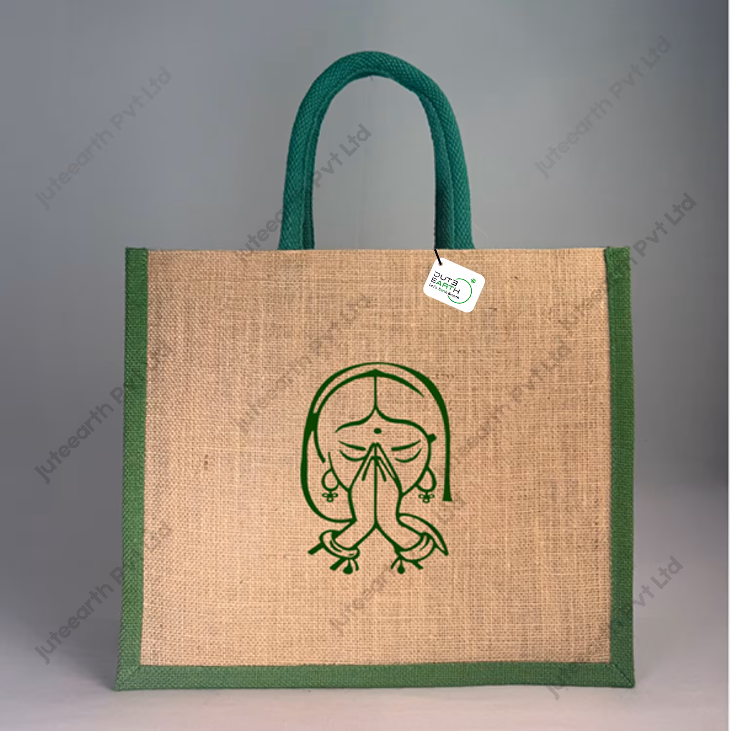 Namaste Art Marriage Ceremony Natural Custom Printed Jute Bag for Return Gift with Bottle Green Cotton Rope Niwar Handles and Gusset